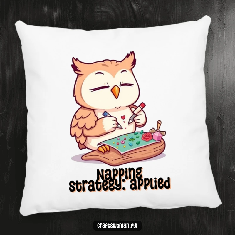 Funny owl pillow featuring a content owl meticulously gluing decorative elements onto a craft project, perfect for cozy corners.