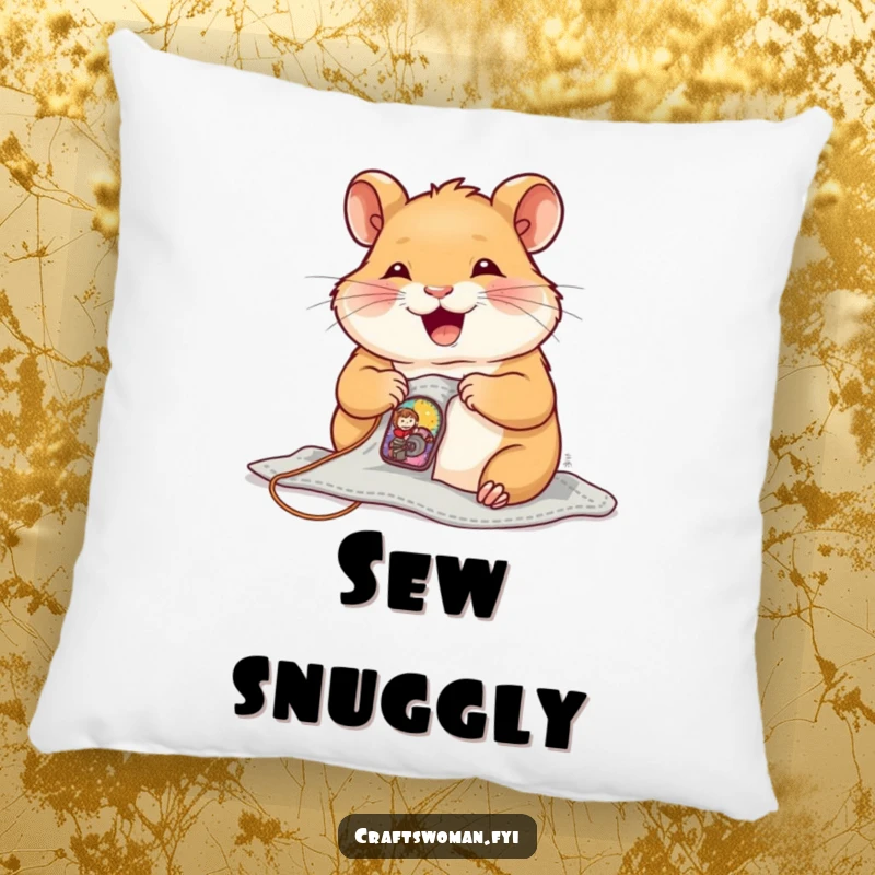 Funny Pillow with a joyful hamster sewing a tiny, colorful patch onto a small garment, for ultimate comfort.