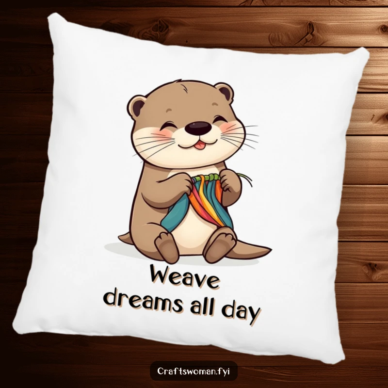 Funny pillow with a cheerful otter gleefully weaving colorful material, adding a soft, humorous, and artistic touch to any seating area.
