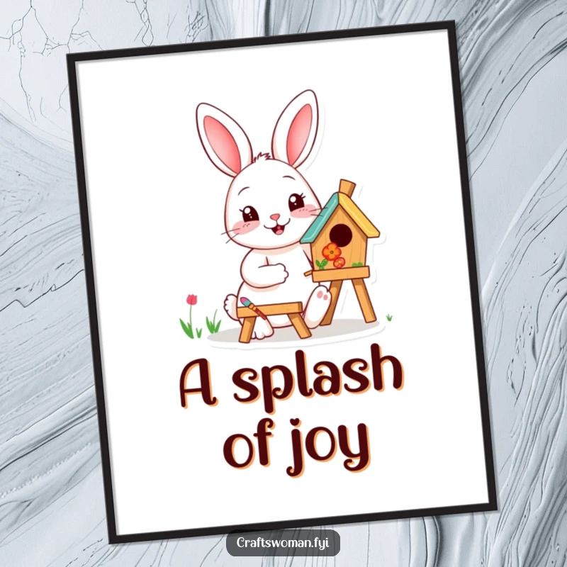 Funny happy rabbit painting a birdhouse with vibrant colors, as a digital art print, bringing artistic humor. Instant download.