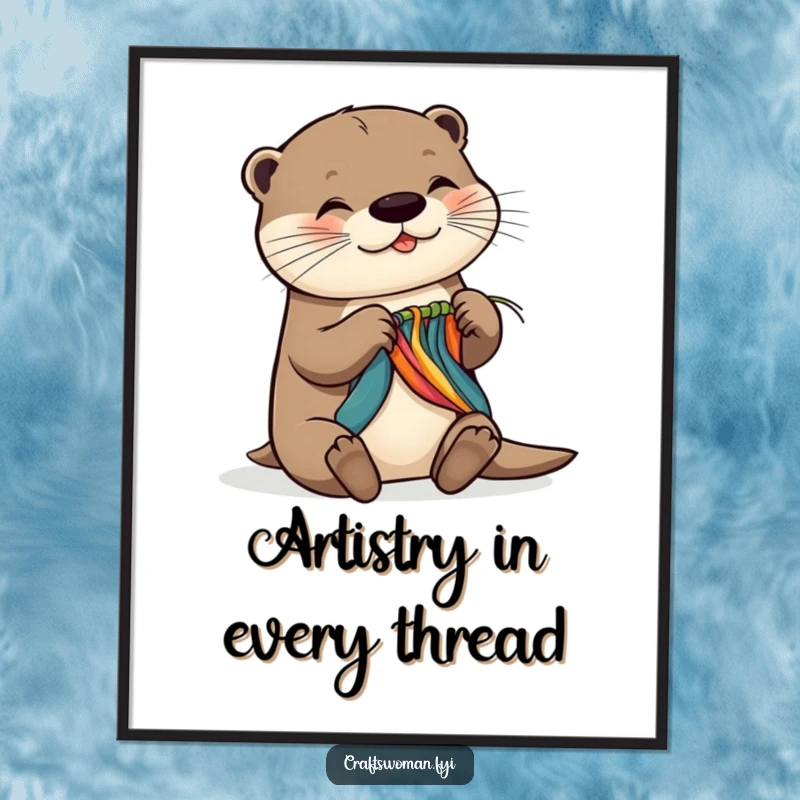 Funny digital art print of a happy otter weaving colorful fabric with great dexterity, suitable for instant download and framing.