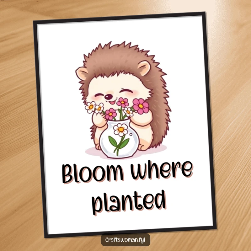 Funny giggling hedgehog arranging flowers in a tiny vase, as a digital art print, bringing natural humor. Instant download.