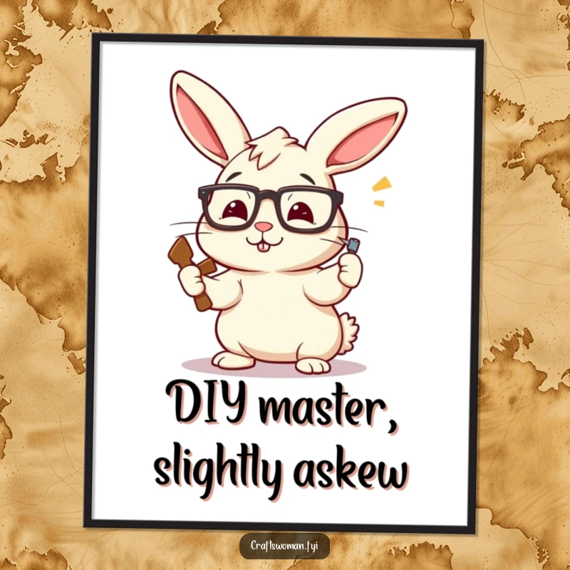 Funny Rabbit Carpenter Digital Art Print: A Perky Bunny with Askew Glasses Enthusiastically Hammering a Nail, Instant Wall Decor.