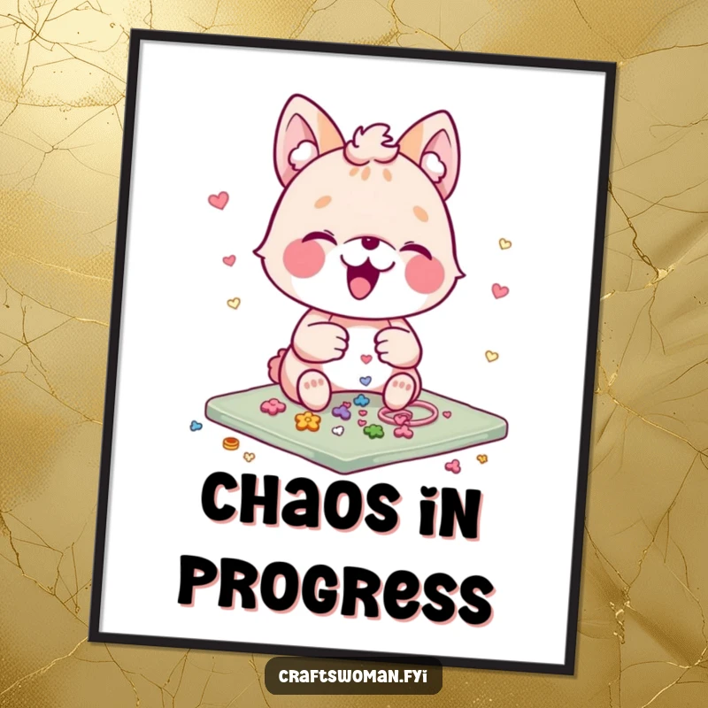 Funny Animal Craft Print: A happy animal character gleefully arranges small, shiny embellishments on a craft project, exuding focus and artistic delight.