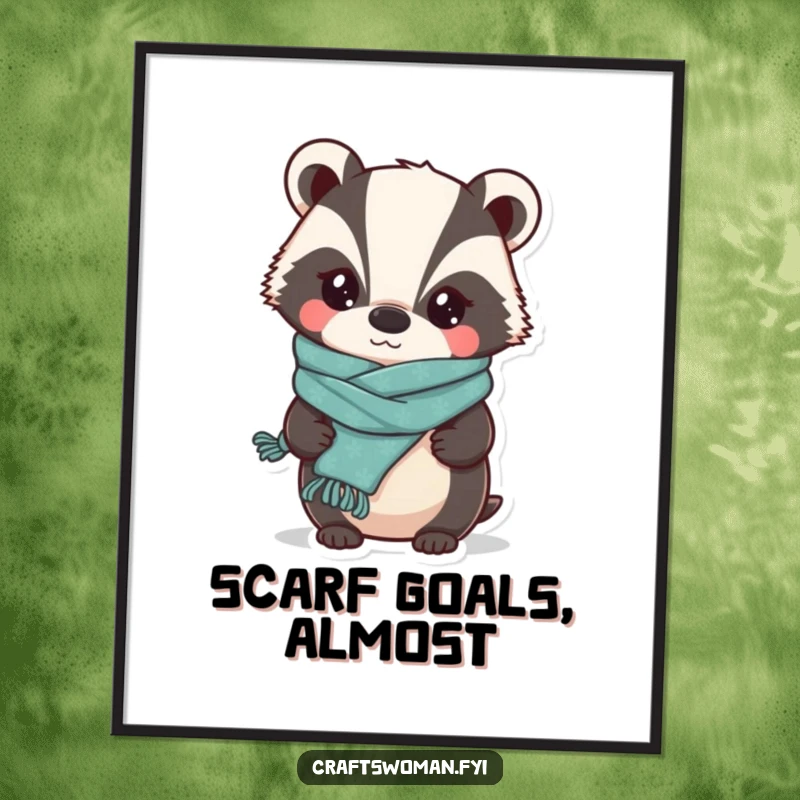 Funny Badger Knitter Digital Art Print: A Whimsical Badger Proudly Displaying a Slightly Lopsided Knitted Scarf, Instant Wall Decor.