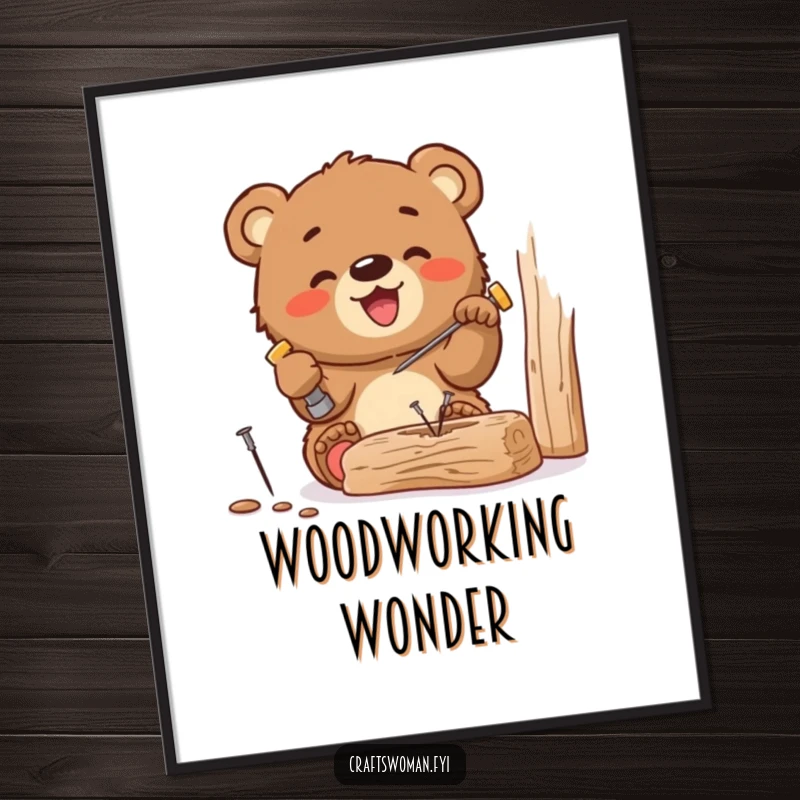 Funny digital art print of a gleeful bear cub hammering a tiny nail into wood, ideal for instant DIY charm and humorous wall decor.