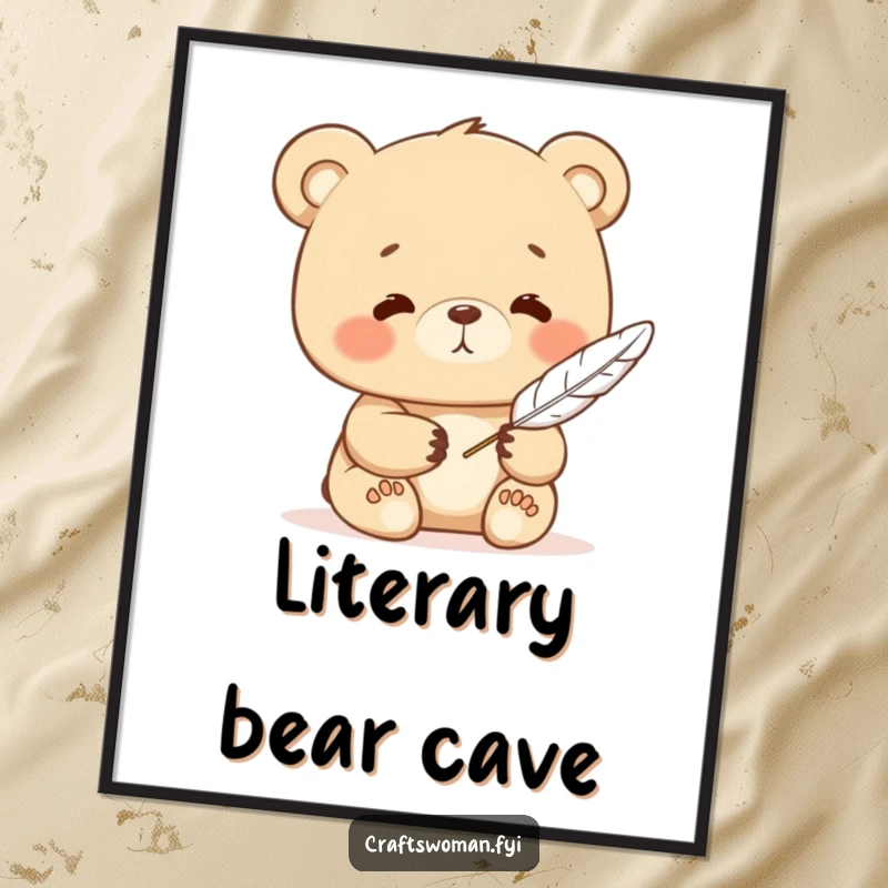 Funny bear digital art print of a contented character writing with a feather quill, bringing instant calm and literary charm.