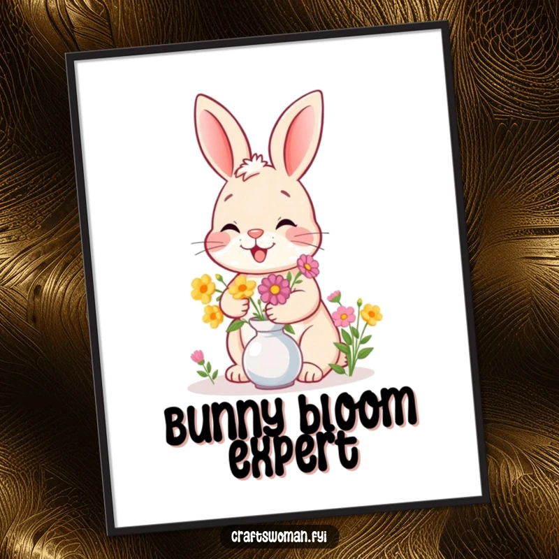 Funny bunny digital art print of a happy bunny giggling while arranging flowers in a vase, adding whimsical charm.