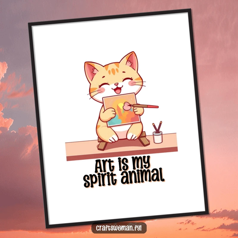 Funny Digital Art Print: A happy cat artist skillfully paints a vibrant, colorful picture on a small canvas with a brush for art lovers.