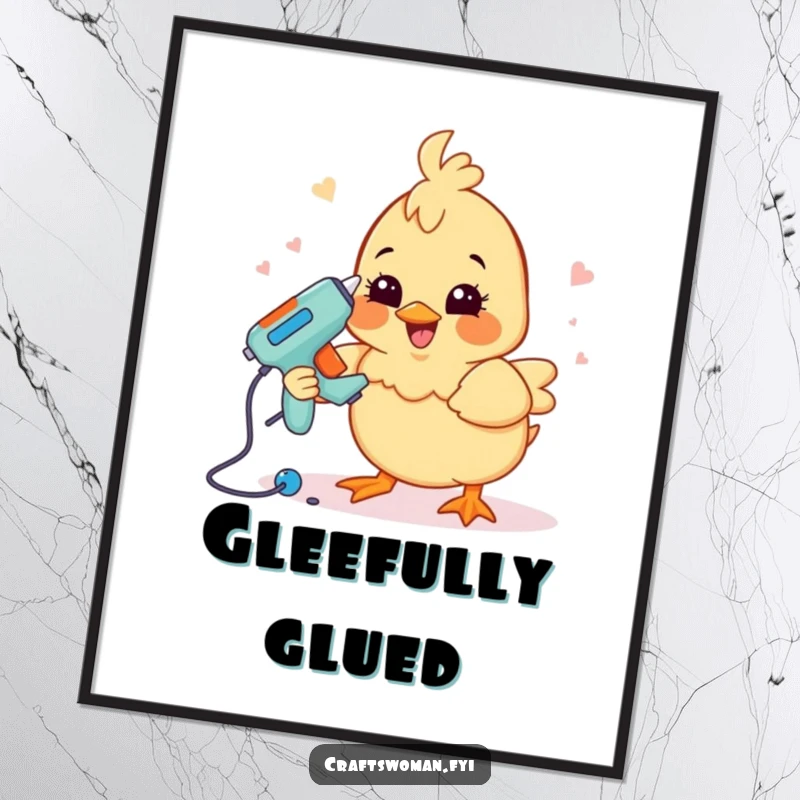 Funny crafting chick digital art print of a happy chick using a glue gun to assemble a project, offering creative and humorous decor.