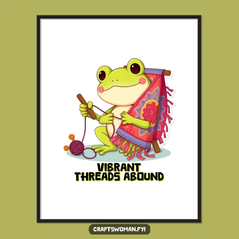 Funny Frog Stitcher Digital Art: Cheerful Tapestry Creation - Printable Decor