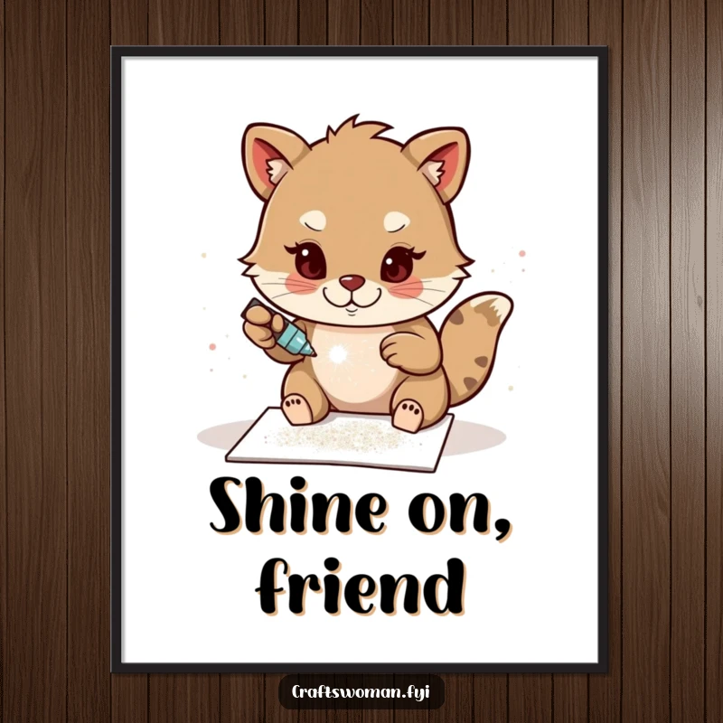 Funny Glitter Card Digital Art Print: A determined animal character glues sparkling glitter onto a handmade card, capturing artistic focus and playful creativity.