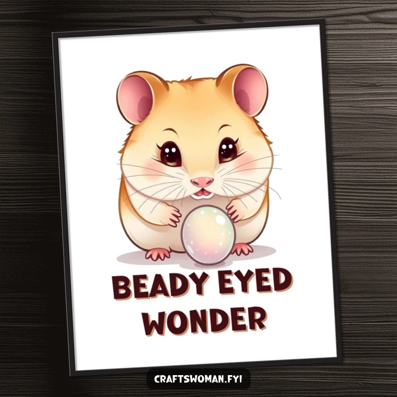 Funny hamster digital art print of a curious hamster with wide, sparkling eyes inspecting a delicate bead, offering cute and humorous decor.