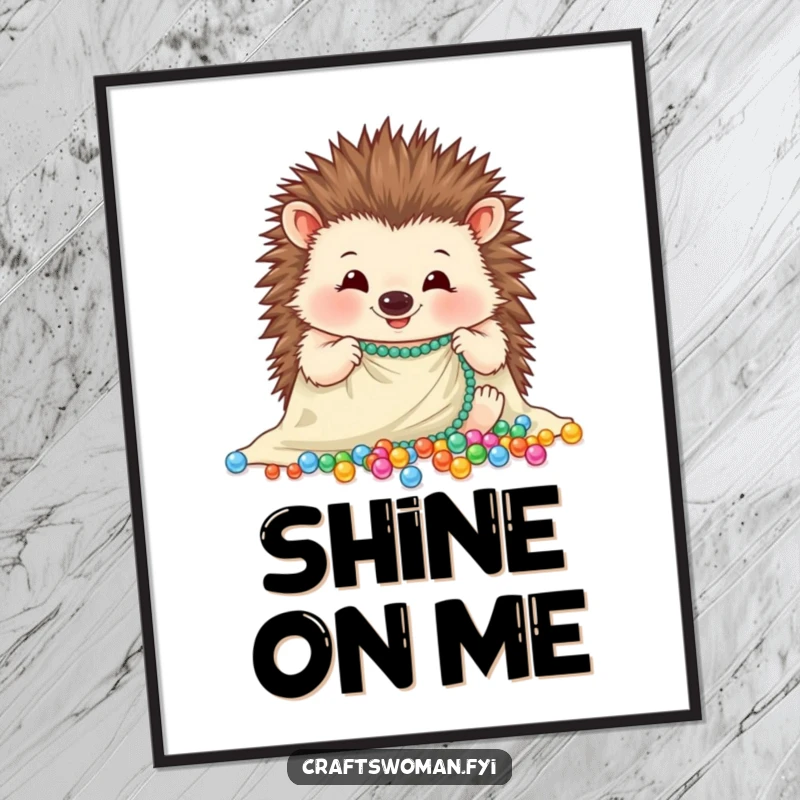 Funny hedgehog digital art print showing a cheerful hedgehog carefully arranging sparkling beads onto a piece of cloth, ready to download.