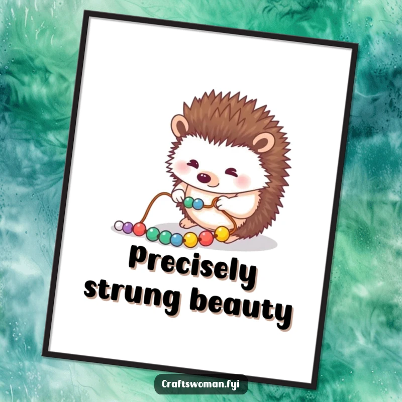 Funny digital art print of a focused hedgehog carefully stringing beads onto a thread, suitable for instant download and framing.