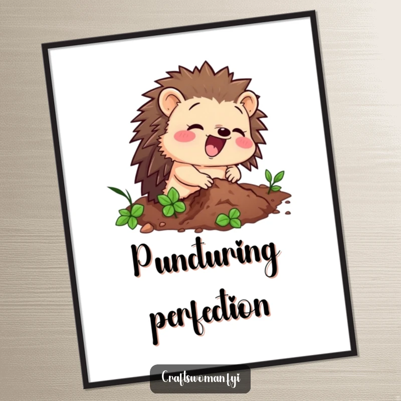 Funny digital art print of a delighted hedgehog character enthusiastically hammering a tiny nail, perfect for whimsical decor.