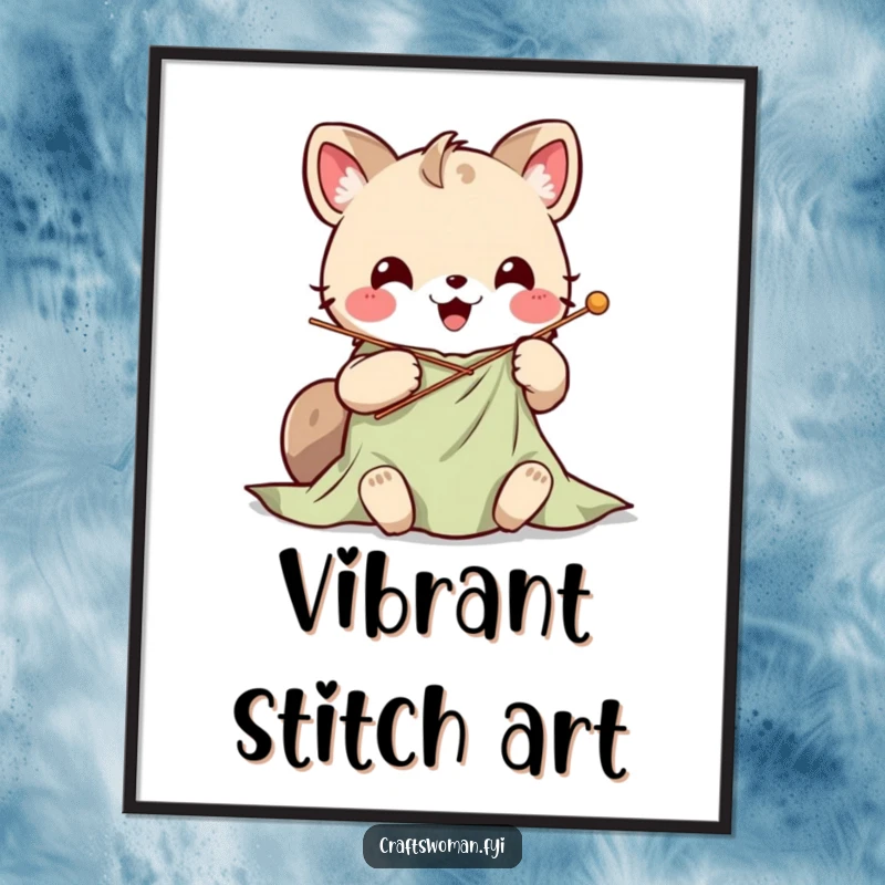Cute Kawaii animal character stitching vibrant fabric with a large needle, as a downloadable digital art print.