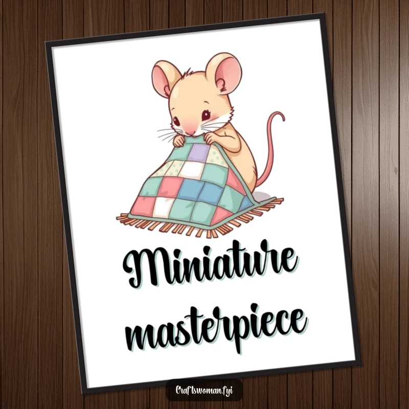 Funny Mouse Digital Art Print of a nimble mouse expertly sewing patches onto a miniature quilt, ideal for crafty decor.