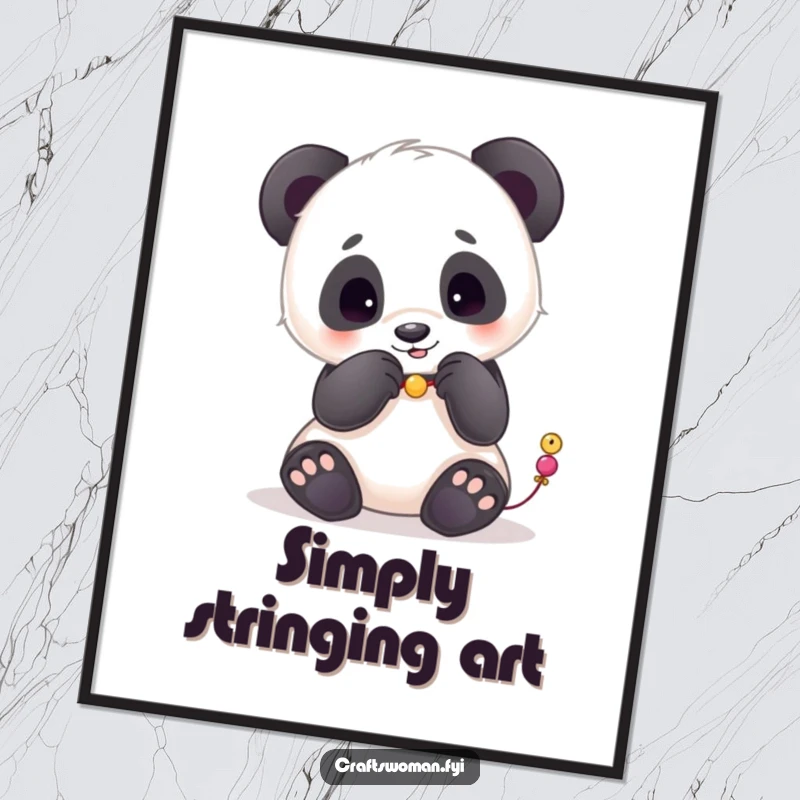 Funny digital art print of a playful panda carefully stringing beads with its paws, instant wall decor.