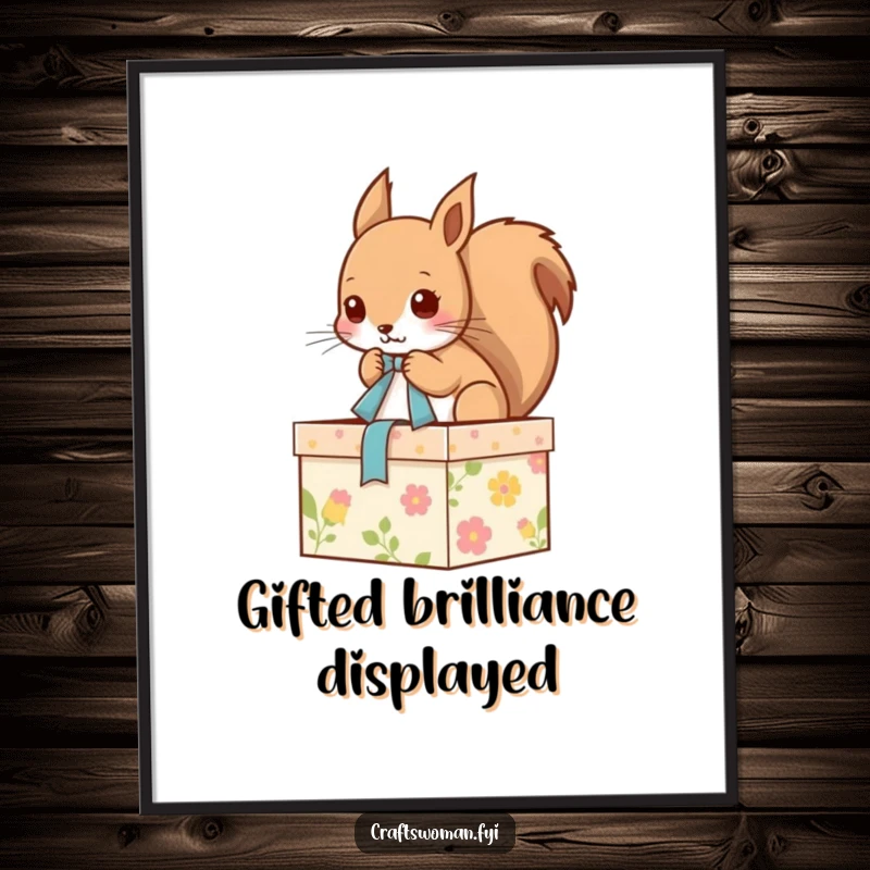 Funny digital art print of a focused squirrel tying a ribbon on a decorated gift box, suitable for instant download and framing.
