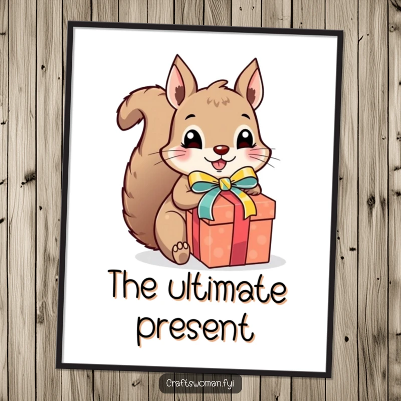 Funny squirrel gift wrapper digital art, a cute squirrel excitedly wrapping a present with colorful ribbon and a bow, festive and humorous downloadable art.