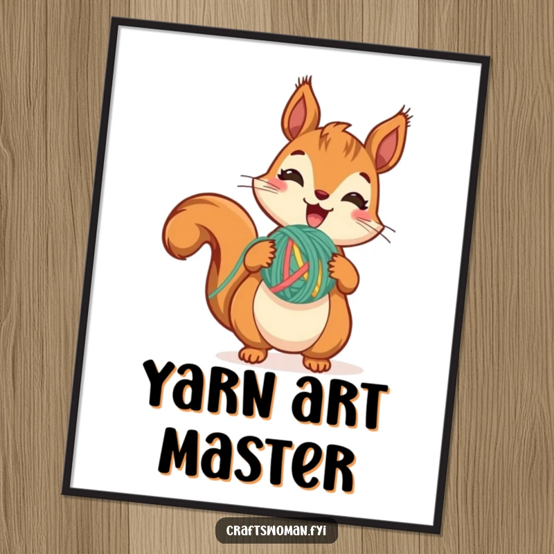 Funny Squirrel Yarn Digital Art Print of a cute squirrel excitedly holding yarn, mid-stitch, bringing instant crafty vibes.