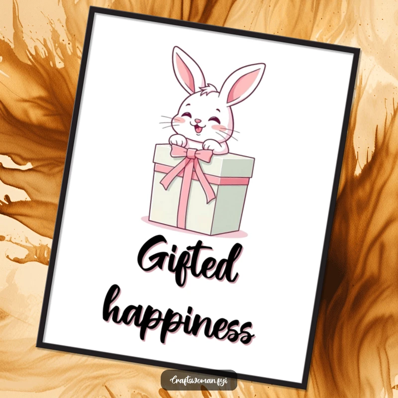 Funny Digital Art Print: A giggling bunny happily ties a ribbon around a beautifully wrapped gift box, perfect for holiday or celebration decor.