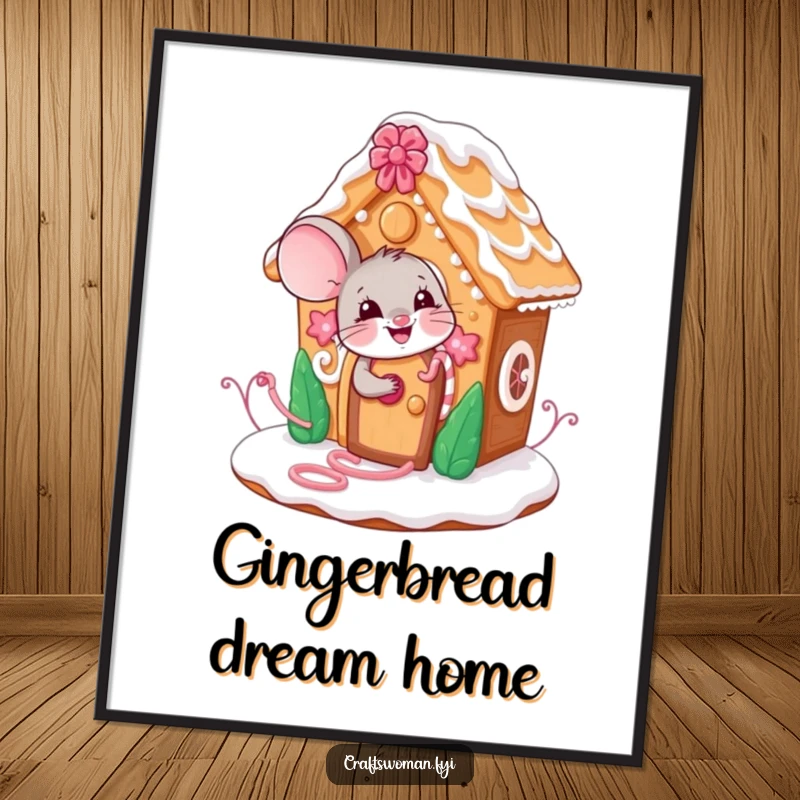 Funny mouse digital art print of a giggling character decorating a whimsical gingerbread house, bringing instant festive charm.
