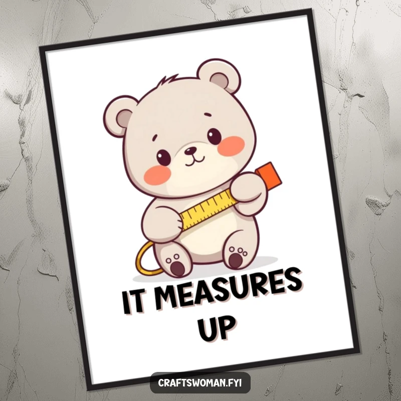Funny bear using a tape measure, looking focused, as a digital art print, bringing DIY humor to walls. Instant download.