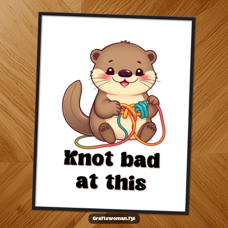Funny otter digital art print showing a smiling otter busy knotting colorful yarn into a playful design, ready to download.