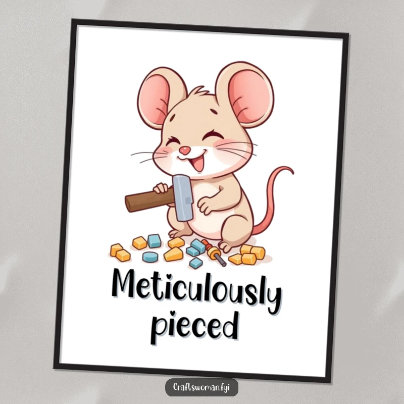 Funny mouse digital art print of a delighted mouse character using a miniature hammer to assemble small pieces, ready for download.