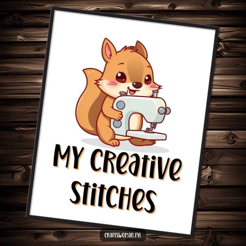Funny digital art print of a determined squirrel happily pushing a small sewing machine, instant wall decor.