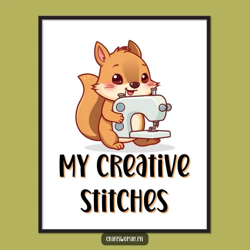 Funny Squirrel Sewing Digital Print - Whimsical Art Gift for Makers