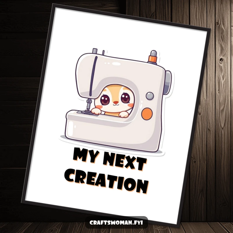 Funny digital art print of a curious animal character peering with wide, eager eyes at a sewing machine, representing a love for sewing.