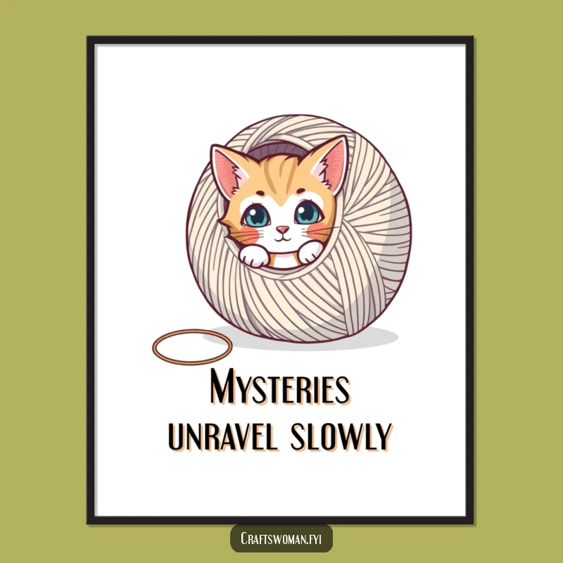 Funny Cat Yarn Digital Print - Whimsical Art Gift for Crafty Homes