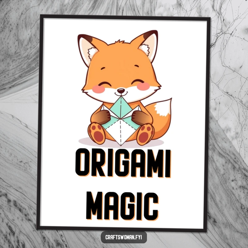 Funny Fox Digital Art Print of a smiling fox carefully folding origami shapes, ideal for artistic and humorous decor.