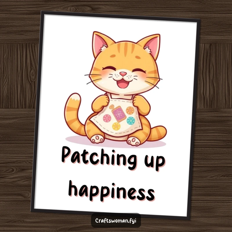 Funny Cat Digital Art Print: A happy cat wearing a tiny apron joyfully stitches a colorful patch, showcasing crafting happiness.