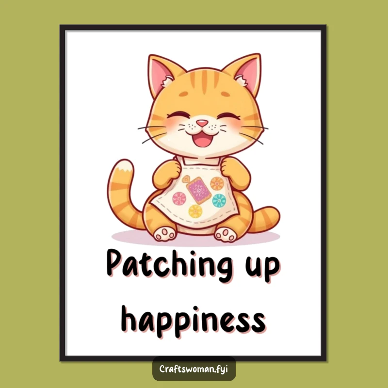Funny Cat Digital Art: Joyful Stitcher, Instant Hilarious Download