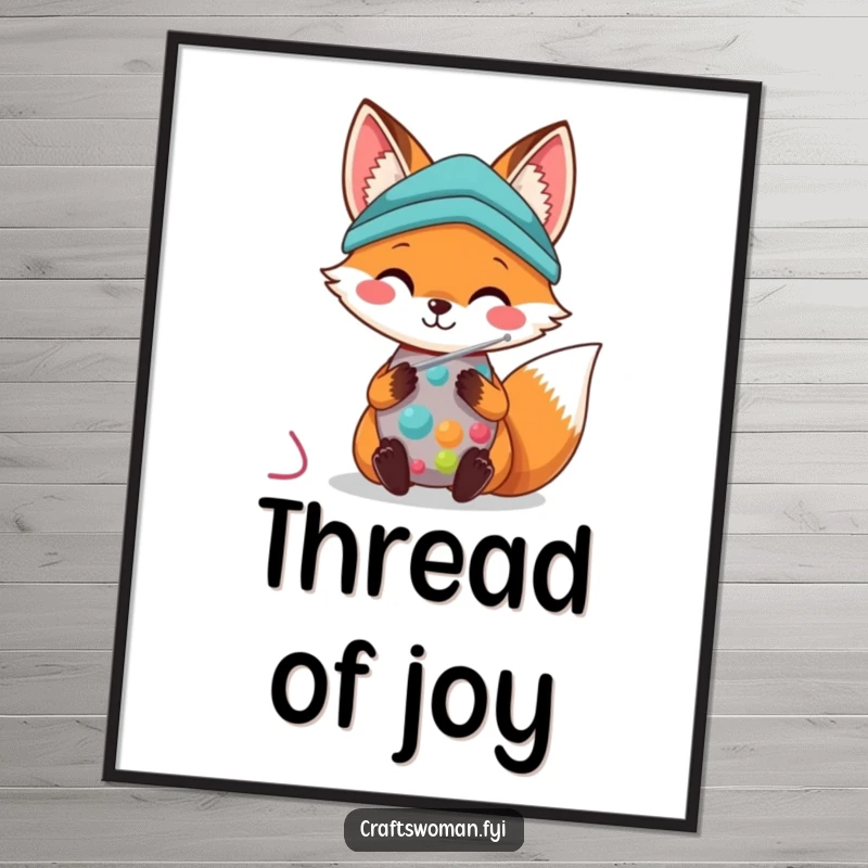 Kawaii Fox Digital Art Print: An adorable fox with a sewing needle smiles while stitching colorful fabric.