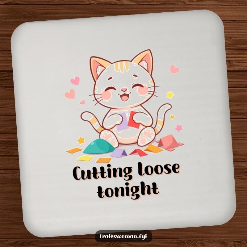 Funny cat coaster showing a beaming cat character happily cutting precise shapes from colorful paper, ideal for surface protection.
