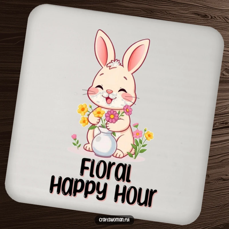 Funny bunny coaster design of a giggling bunny arranging flowers in a vase, providing surface protection with charm.