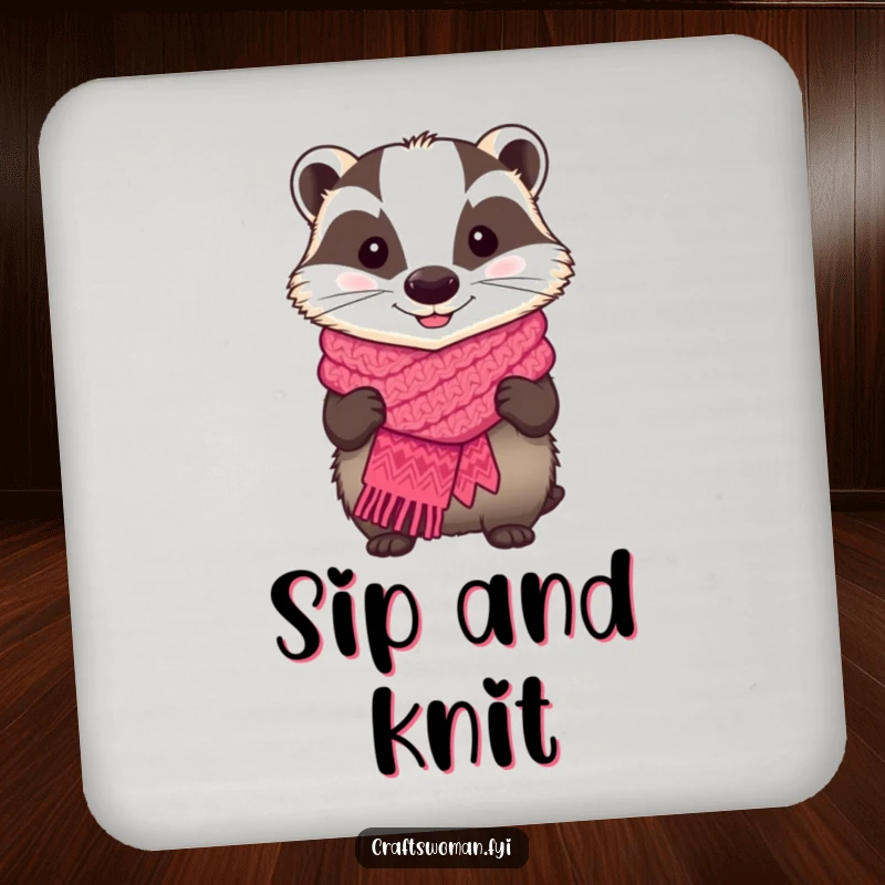 Funny drink coaster with a proud badger showing off a knitted scarf, perfect for protecting surfaces.
