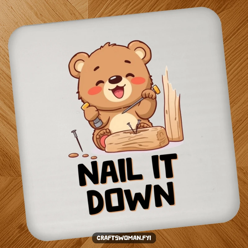 Funny drink coaster showcasing a gleeful bear cub hammering a tiny nail into wood, bringing DIY cubby humor to your table setting.