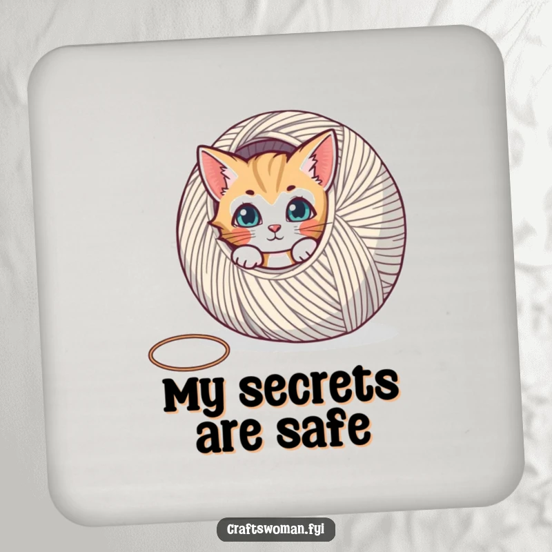 Funny coaster set featuring a curious cat peeking from behind a large spool of yarn, protecting surfaces humorously.