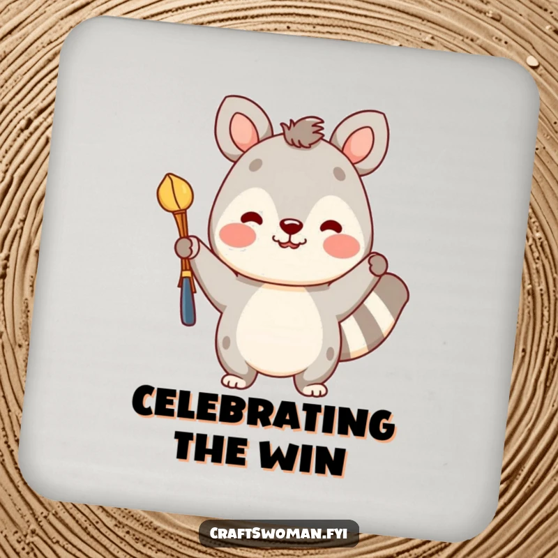 Funny drink coaster featuring a cheerful animal character proudly holding a colorful craft, protecting tables from condensation.