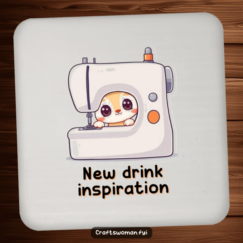Funny drink coaster featuring a curious animal character with wide, eager eyes looking at a sewing machine, protecting surfaces with charm.