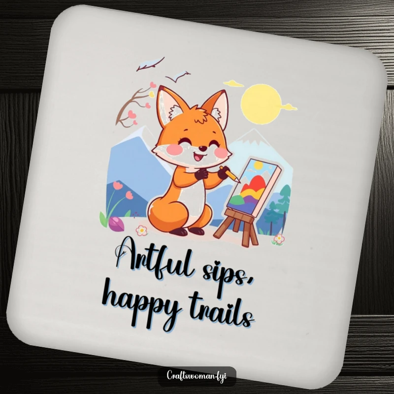 Funny drink coaster featuring a happy fox character painting a colorful landscape, adding artistic humor to tabletops.