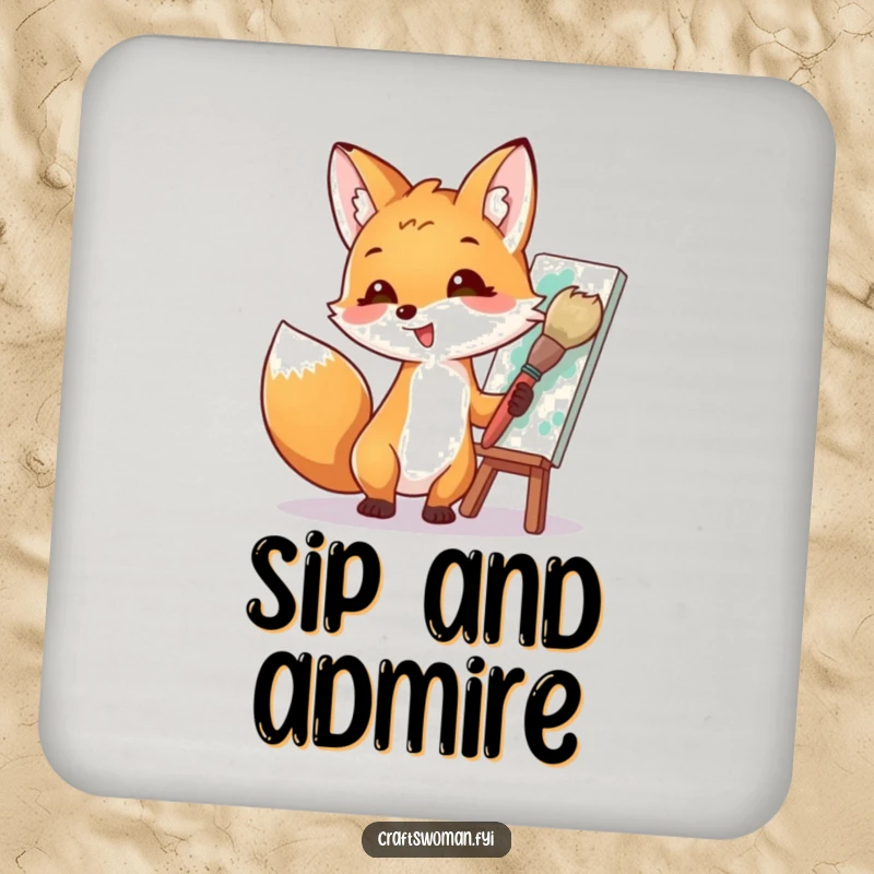 Funny drink coaster showcasing a fox artist painting a vibrant masterpiece with a giant brush, bringing artistic humor to your table setting.