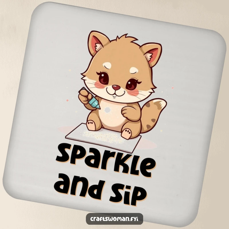 Funny Glitter Coaster: A determined animal character glues sparkling glitter onto a handmade card, adding a humorous and artistic flair to surface protection.