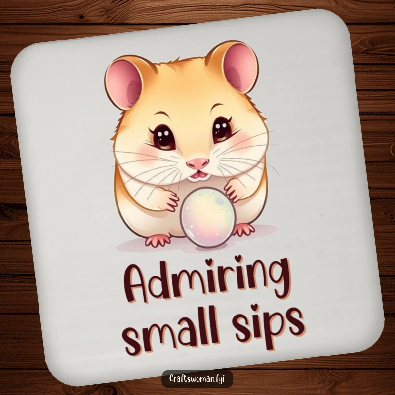 Funny hamster drink coaster with a curious hamster examining a delicate bead with wide, sparkling eyes, adding humor to surfaces.